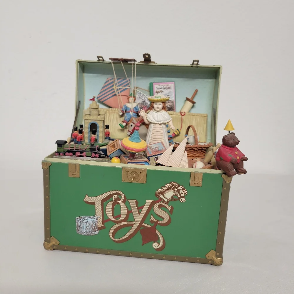 Enesco Green Toy Chest with Colorful Vintage Playset Figurines